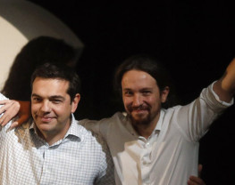 Podemos' Secretary General Pablo Iglesias and Alexis Tsipras, leader of Greece's Syriza party